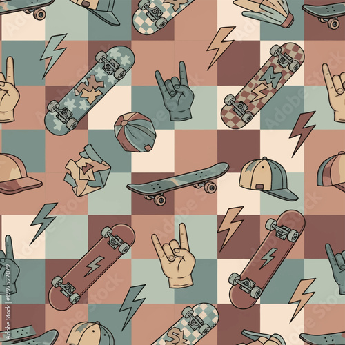 Seamless vector pattern illustration featuring skateboards, baseball caps, rock hand gestures, and lightning bolts on a checkered background in muted retro green, brown, and tan tones.