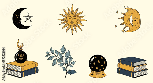 Hand-drawn mystical vector icon set featuring a celestial sun and moon with faces, a crystal ball with stars, stacks of vintage books, a magic potion bottle, and a botanical leaf branch.