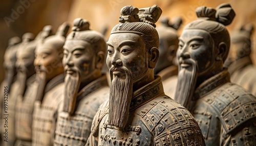 Row of ancient terracotta warrior statues, detailed facial expressions and textured armor, in a shallow depth field