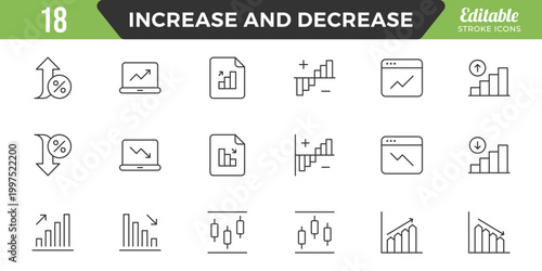 Increase and Decrease line Editable Icons set. Graph, Diagram, business growth, finance, economy, statistics, summary, profit, fall, arrow up, down,
and more. Simple vector icons. Editable Stroke.