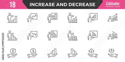 Increase and Decrease line Editable Icons set. Graph, Diagram, business growth, finance, economy, statistics, summary, profit, fall, arrow up, down,
and more. Simple vector icons. Editable Stroke.