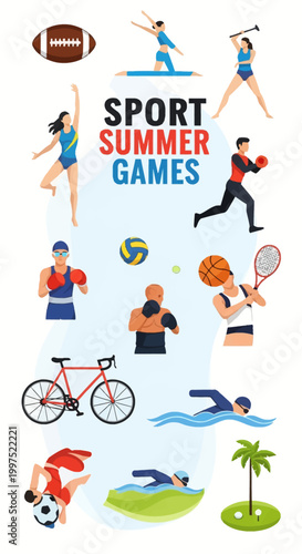 Flat vector illustration set for international summer sports games featuring diverse athletes participating in swimming, cycling, boxing, tennis, soccer, gymnastics, and athletics equipment.