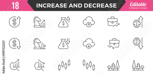 Increase and Decrease line Editable Icons set. Graph, Diagram, business growth, finance, economy, statistics, summary, profit, fall, arrow up, down,
and more. Simple vector icons. Editable Stroke.
