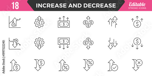Increase and Decrease line Editable Icons set. Graph, Diagram, business growth, finance, economy, statistics, summary, profit, fall, arrow up, down,
and more. Simple vector icons. Editable Stroke.