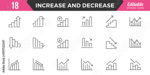 Increase and Decrease line Editable Icons set. Graph, Diagram, business growth, finance, economy, statistics, summary, profit, fall, arrow up, down,
and more. Simple vector icons. Editable Stroke.