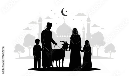 Eid ul Adha Qurbani Family Scene Silhouette Vector Illustration
