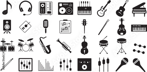 Set of hand drawn black ink music icons including guitars headphones microphones speakers drums and vinyl records design elements doodles isolated on Black and White Music Equipment Illustration
