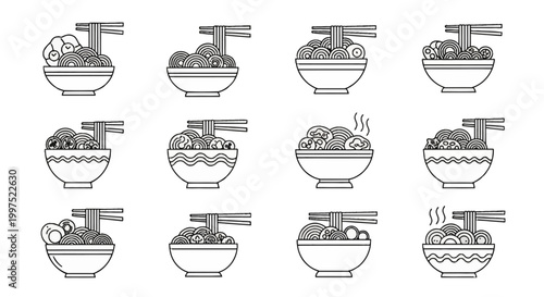 Vector collection of twelve minimalist black outline icons depicting various bowls of noodle soup, ramen, and udon with chopsticks, boiled eggs, mushrooms, and steam on white.