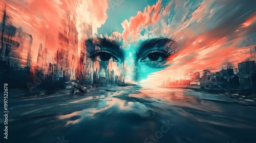 Abstract artwork of a face merging with an urban landscape and sky