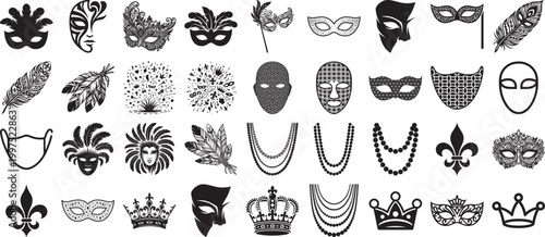 Collection of black silhouette featuring carnival masks, crowns, feathers, and mardi gras beads