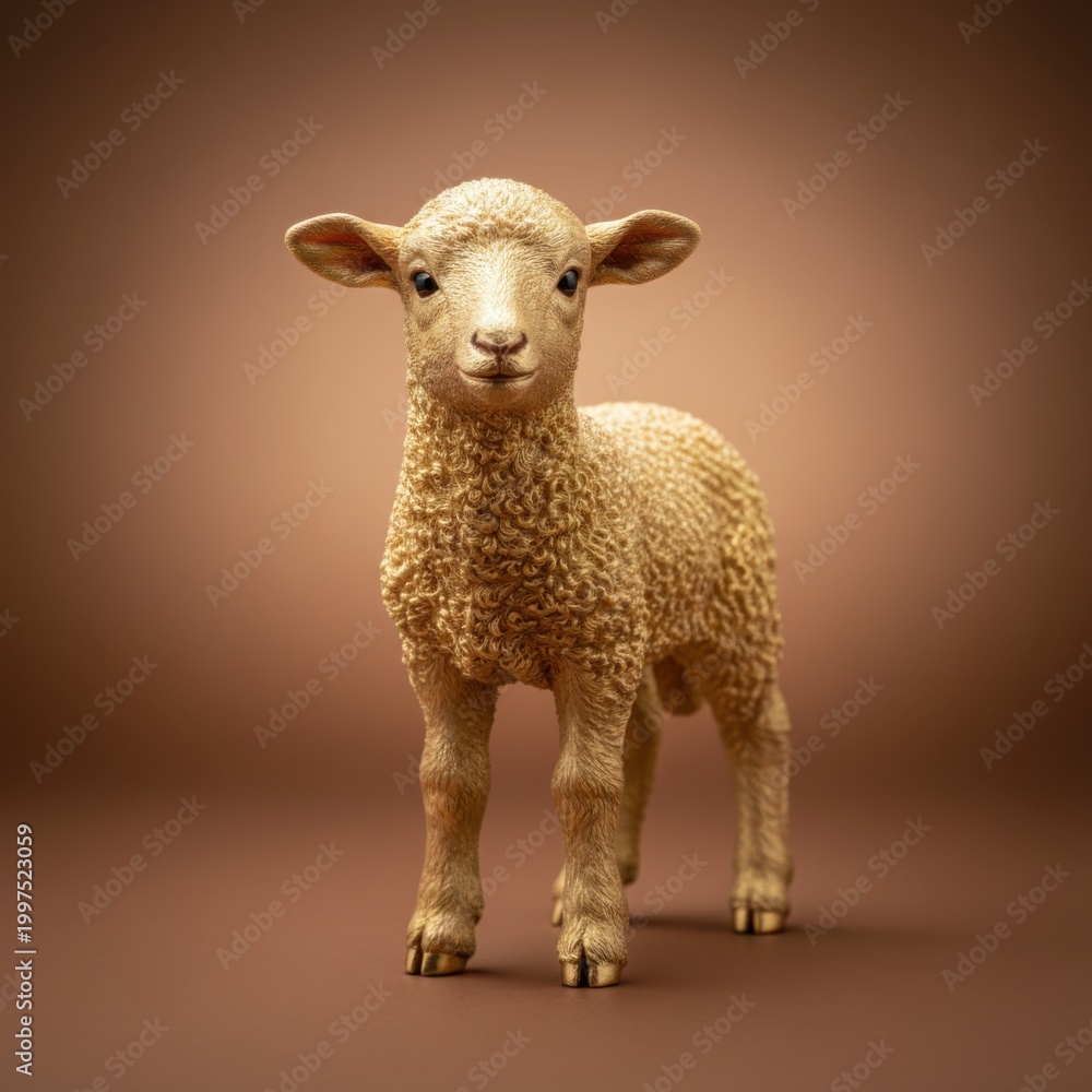 Obraz premium Golden lamb figurine standing on a brown surface for Easter celebration, seasonal greeting cards and luxury animal decor against a neutral background with copy space