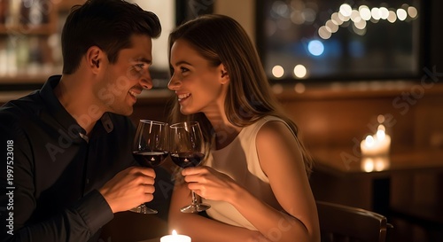Couple toasting with wine by candlelight, romantic dinner date at restaurant