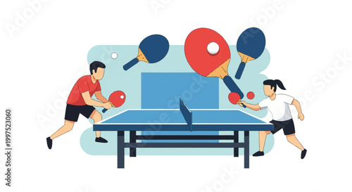 Flat vector illustration of a male and female athlete playing a competitive table tennis match on a blue professional table with floating rackets and balls on a white background.