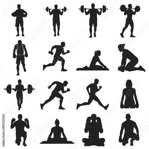 Set of sixteen black silhouettes of men and women performing various gym exercises like weightlifting with barbells, sprinting, boxing, yoga, and bodybuilding, isolated on white.