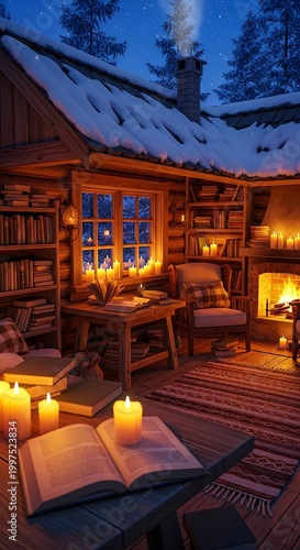 Cozy cabin interior with warm fire, books, and candles at night
