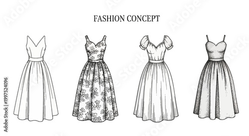 Black and white line art illustrations of four elegant evening dresses featuring floral patterns, puff sleeves, and stippled shading for fashion concept design on white background.
