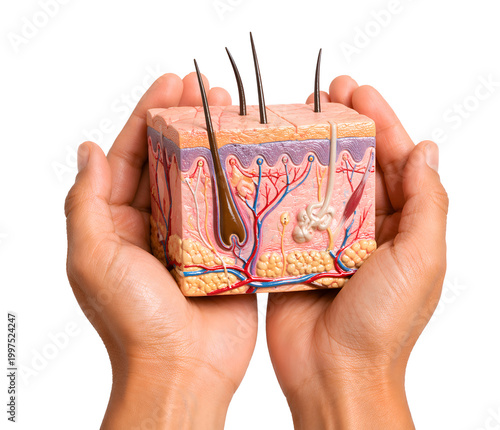 Hands Holding Human Skin Model – Dermatology and Skincare Education Concept