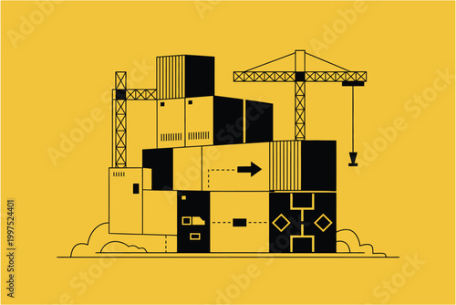 Abstract illustration of shipping containers stacked with construction cranes on a yellow background, logistics and supply chain concept