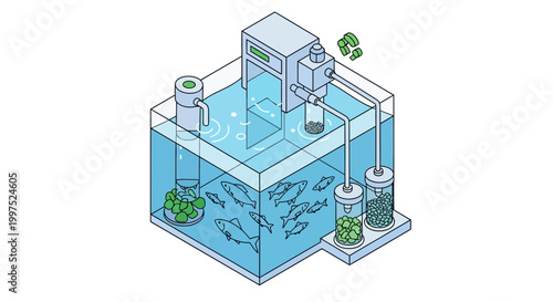 Isometric Illustration of a Smart Aquarium with Advanced Water Filtration and Automated Monitoring System