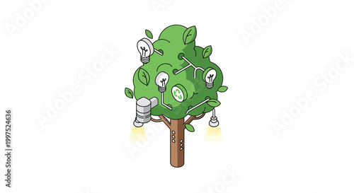 Isometric Sustainable Technology Tree with Light Bulbs and Recycle Icon - Eco-friendly Innovation and Renewable Energy Concept