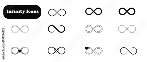 Set of 11 infinity icons. Various designs of infinity symbols in black on a white background. 