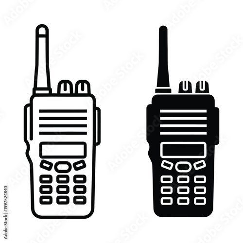 Set of two walkie talkie icons, outline and silhouette style, communication device for professional use