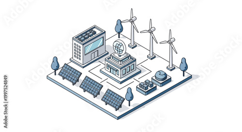 Isometric Renewable Energy Power Plant Illustration with Solar Panels and Wind Turbines