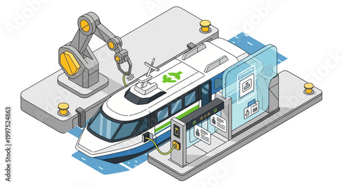 Isometric Illustration of Autonomous Electric Ferry at a Smart Dock with Robotic Arm and Charging Station