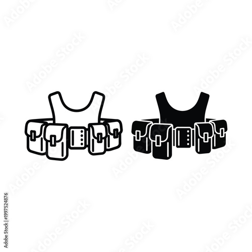 Tactical vest with pouches icon set, military equipment for combat gear, bulletproof vest vector illustration