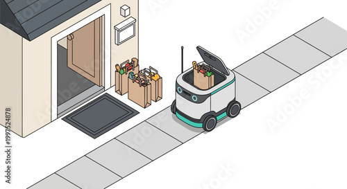 Autonomous Delivery Robot Delivering Grocery Bags to Home Doorstep Isometric Illustration