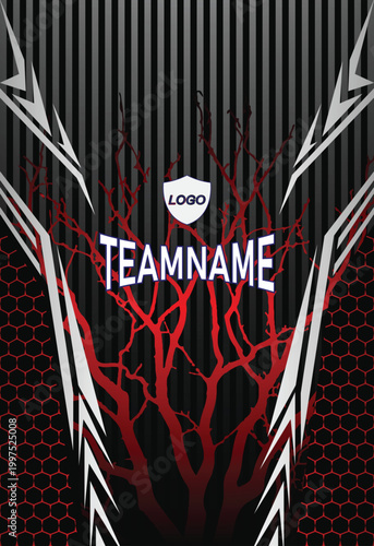 Unique E sports Team Jersey Template with Hexagon Pattern, Professional Gaming Jersey Design with Sharp Edges, Dark Themed Sports Jersey with Abstract Tree Texture, Futuristic Football Jersey Design.