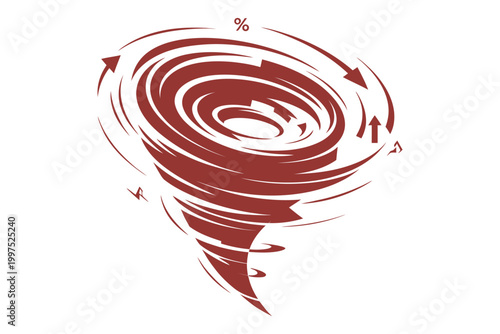 Tornado shape with percentage sign and arrows, concept of financial crisis, inflation, economic instability, market volatility, vector illustration