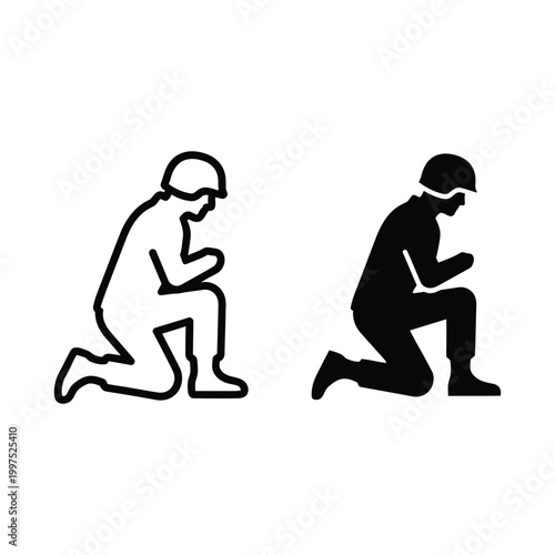 Soldier kneeling in prayer icon, military personnel in uniform, veteran respect and memorial concept, vector illustration