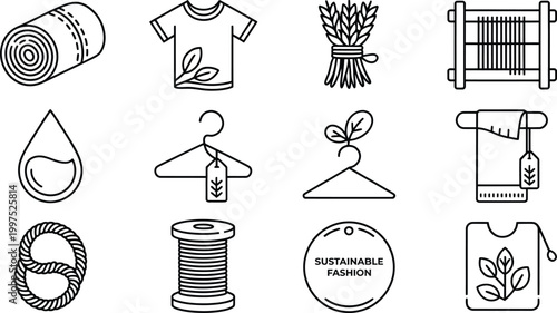 Sustainable hemp or cbd fashion icons with ecofriendly elements and tools