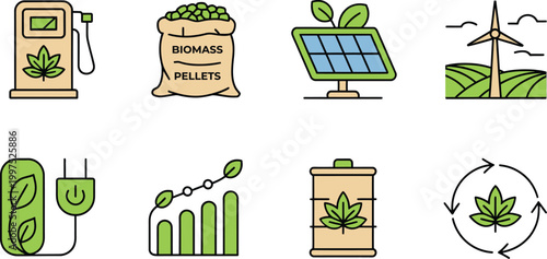Representing renewable energy sources and sustainability icons bundle