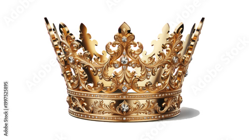A crisp high-definition photograph of a golden crown, adorned with sparkling jewels and intricate patterns, symbolizing royalty, power, and success, isolated on white background