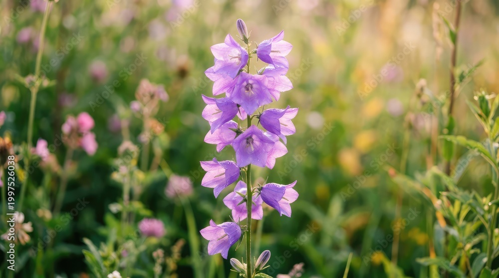 Fototapeta premium Purple bell shaped flowers glisten with morning dew in a sunlit meadow