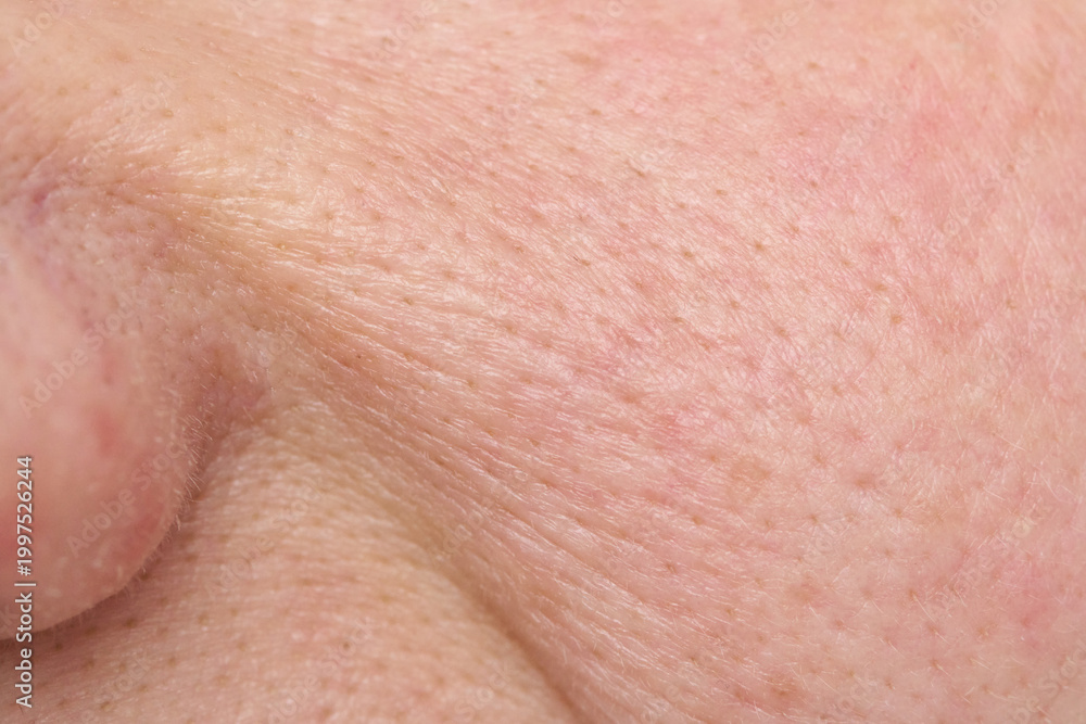Naklejka premium Facial Cheek Skin Close Up Showing Pores Fine Wrinkles And Natural Complexion With Visible Texture And Facial Hair Follicles.