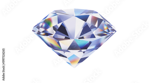 A brilliant cut diamond, showcasing its facets and prismatic fire against a clean white background