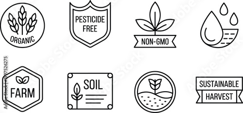 Set of icons representing organic hemp or cbd farming and sustainable agriculture practices