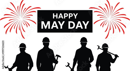 happy may day celebration with worker silhouettes and fireworks