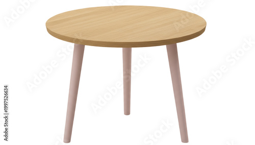 Minimalist Round Table: A modern, minimalist round table showcases a warm, wooden tabletop, elegantly supported by slender, pastel-colored legs, creating a focal point of refined simplicity.