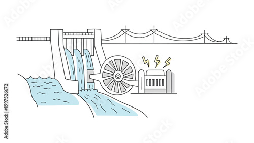 Generating Power at the Dam: An illustrated scene of a hydroelectric dam, showcasing the generation of electricity through the harnessing of flowing water.