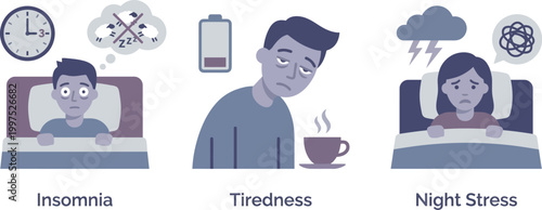 Insomnia and tiredness are represented by people struggling with sleep.