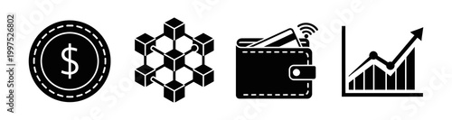 A collection of essential digital finance icons illustrating cryptocurrency, blockchain technology, mobile wallets, and market growth trends for modern economic concepts