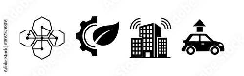Illustrations of drone, gear with leaf, smart building, and autonomous car icons representing technology and innovation