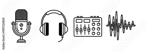 A versatile collection of outline icons representing professional audio production equipment and sound elements, ideal for creative digital media projects and content creation