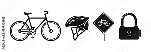 Set of cycling safety icons including a bicycle, helmet, road sign, and lock, symbolizing protection and secure transport