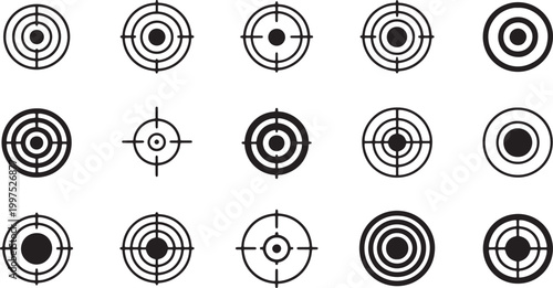 Collection of black and white target symbols and crosshairs for aim and accuracy Vector Illustration on transparent background.