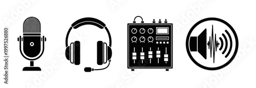 Collection of icons representing audio equipment microphone, headphones, sound mixer, and speaker volume symbol